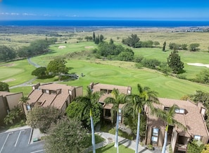 A golf course with a view of the ocean, surrounded by residential buildings with palm trees. - The Best Ocean View in Waikoloa Village!! (Waikoloa Village)