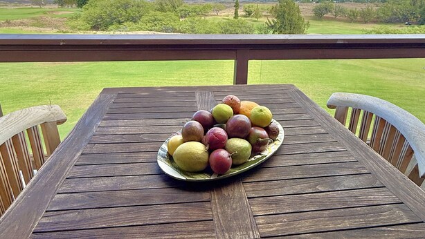 Uma mesa de madeira com uma travessa de fruta numa varanda com vista para a paisagem costeira.