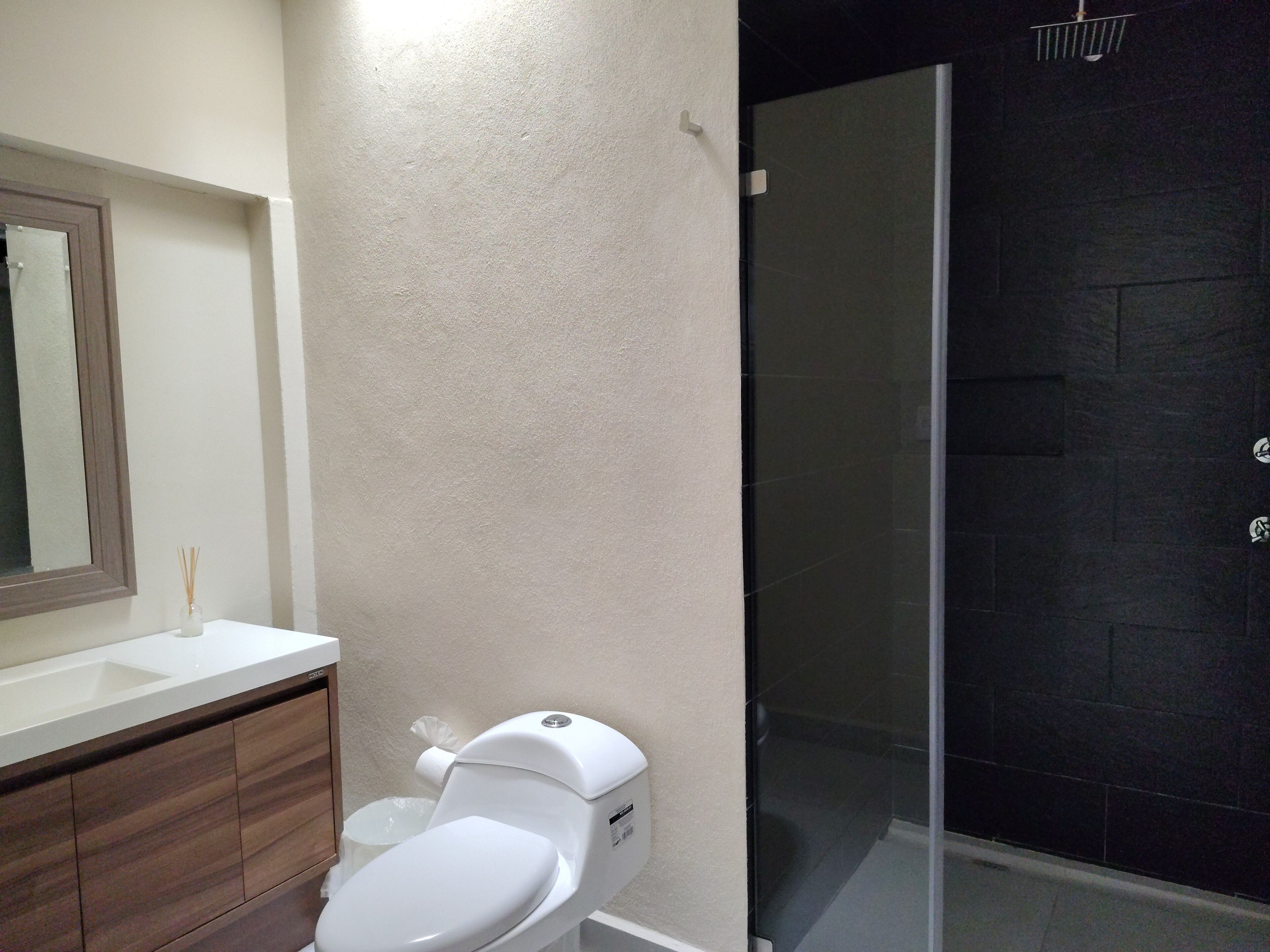 A bathroom with a white toilet, a mirror, a wooden cabinet, and a glass shower enclosure.