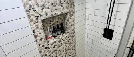 Hair dryer, towels, soap, toilet paper