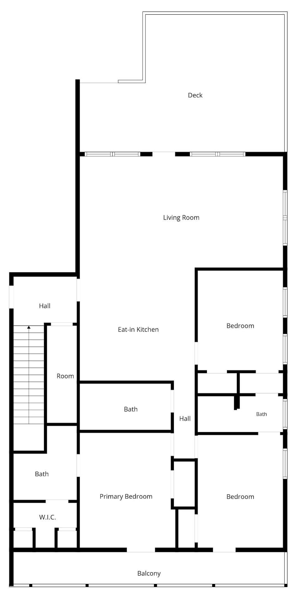 Ein Grundriss mit Wohnzimmer, zwei Schlafzimmern, einem Badezimmer, einer Diele, einer Essecke, einer Toilette und einem Balkon.