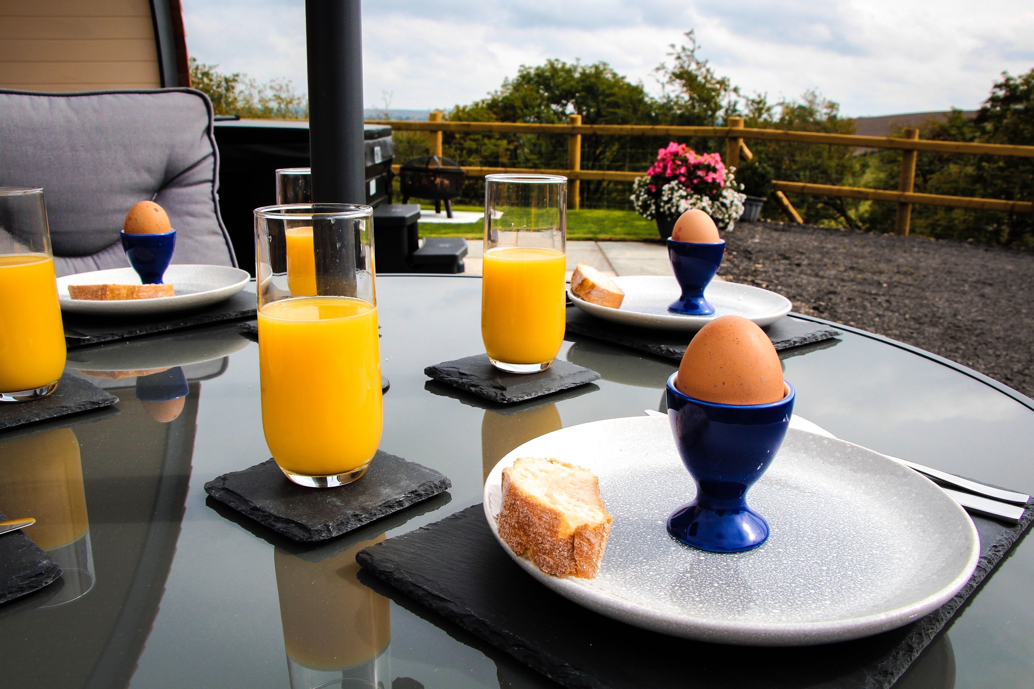 A breakfast setup with toast, eggs, and orange juice on a table with a view of the garden.