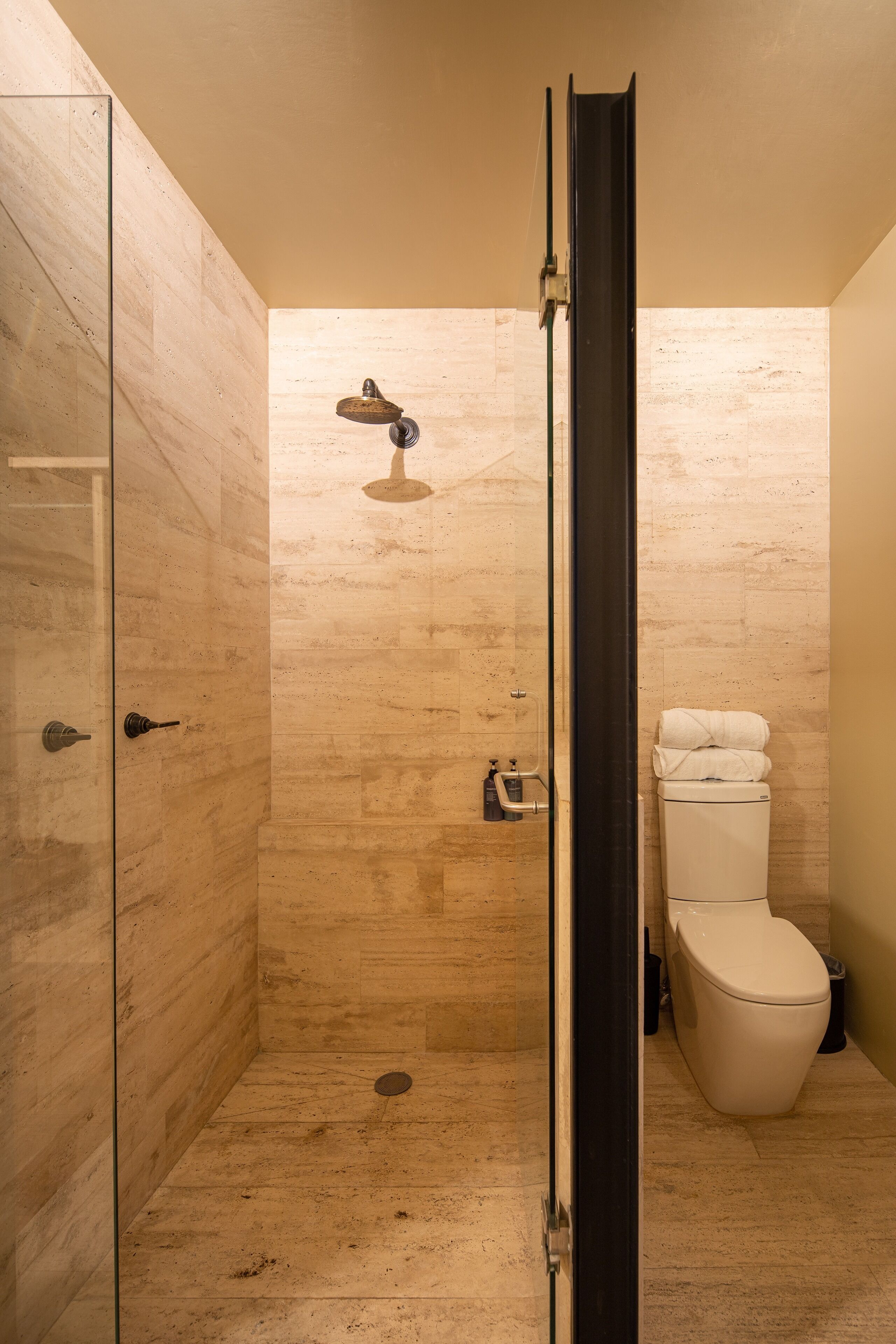 A modern bathroom with a glass shower enclosure, a toilet, and a sink.