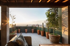 A rooftop terrace with a view of the city, furnished with a sofa and potted plants. - Panorama de la Parroquia (San Miguel de Allende)