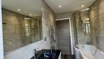 Hair dryer, bidet, towels, soap
