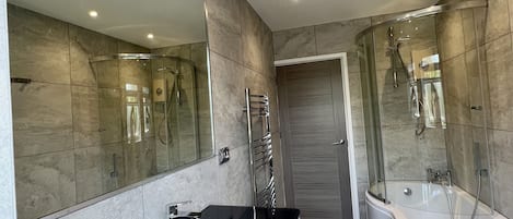 Hair dryer, bidet, towels, soap