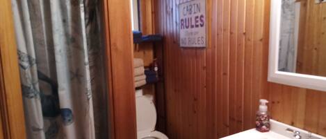 A wooden cabin bathroom with a shower curtain, toilet, and sink. A sign on the wall reads "CABIN RULES: NO RULES."