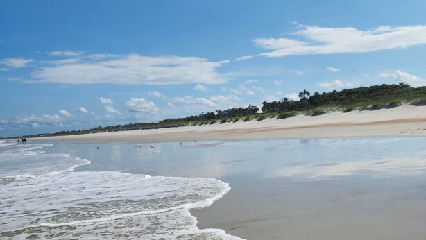 Uma praia com ondas suaves, céu claro e edifícios ao longe.