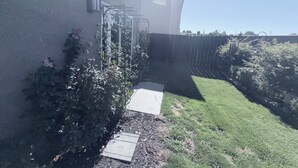 Een tuin met een pad, een metalen hek en een gebouw met een raam.