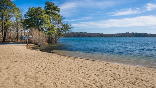 A sandy beach with clear blue water and trees. - Nature Lover's Pondside Getaway (Mashpee)