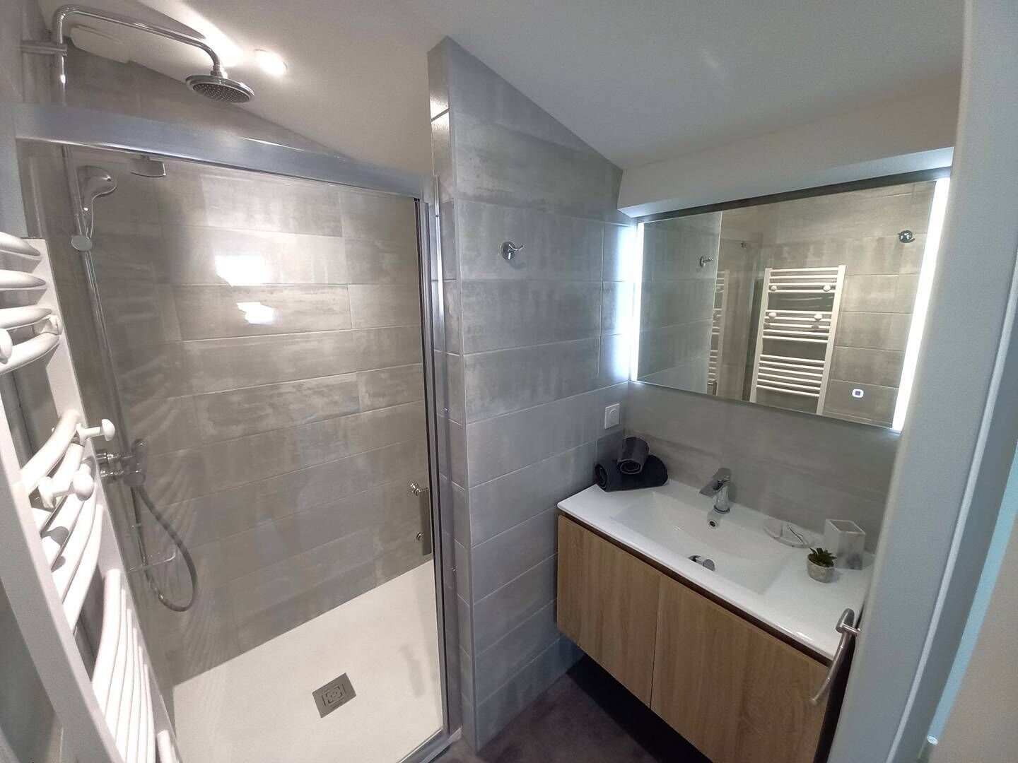 Une salle de bain moderne avec une douche à l’italienne en verre, un lavabo blanc avec un meuble en bois, et un grand miroir au-dessus du lavabo.