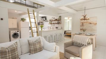 Smart TV, fireplace, books