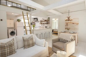 Smart TV, fireplace, books