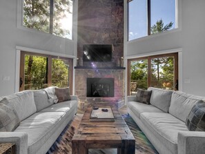 Smart TV, fireplace, books