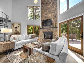 Smart TV, fireplace, books