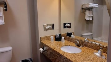 A bathroom with a white toilet, a sink with a granite countertop, a mirror, and a shower area.