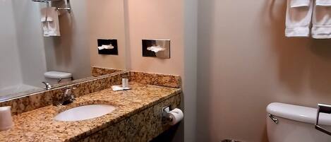 A bathroom with a granite countertop sink, a mirror, a toilet, and a towel rack.