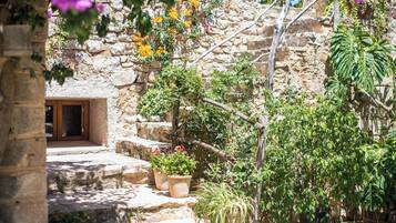 A stone building with a wooden door, potted plants, and a staircase leading to a door.