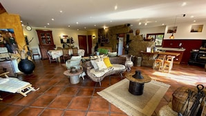 A spacious living area with a rustic stone wall, wicker furniture, and a kitchen area with a stove. - Stunning Country Side House with swimming pool (Penafiel)