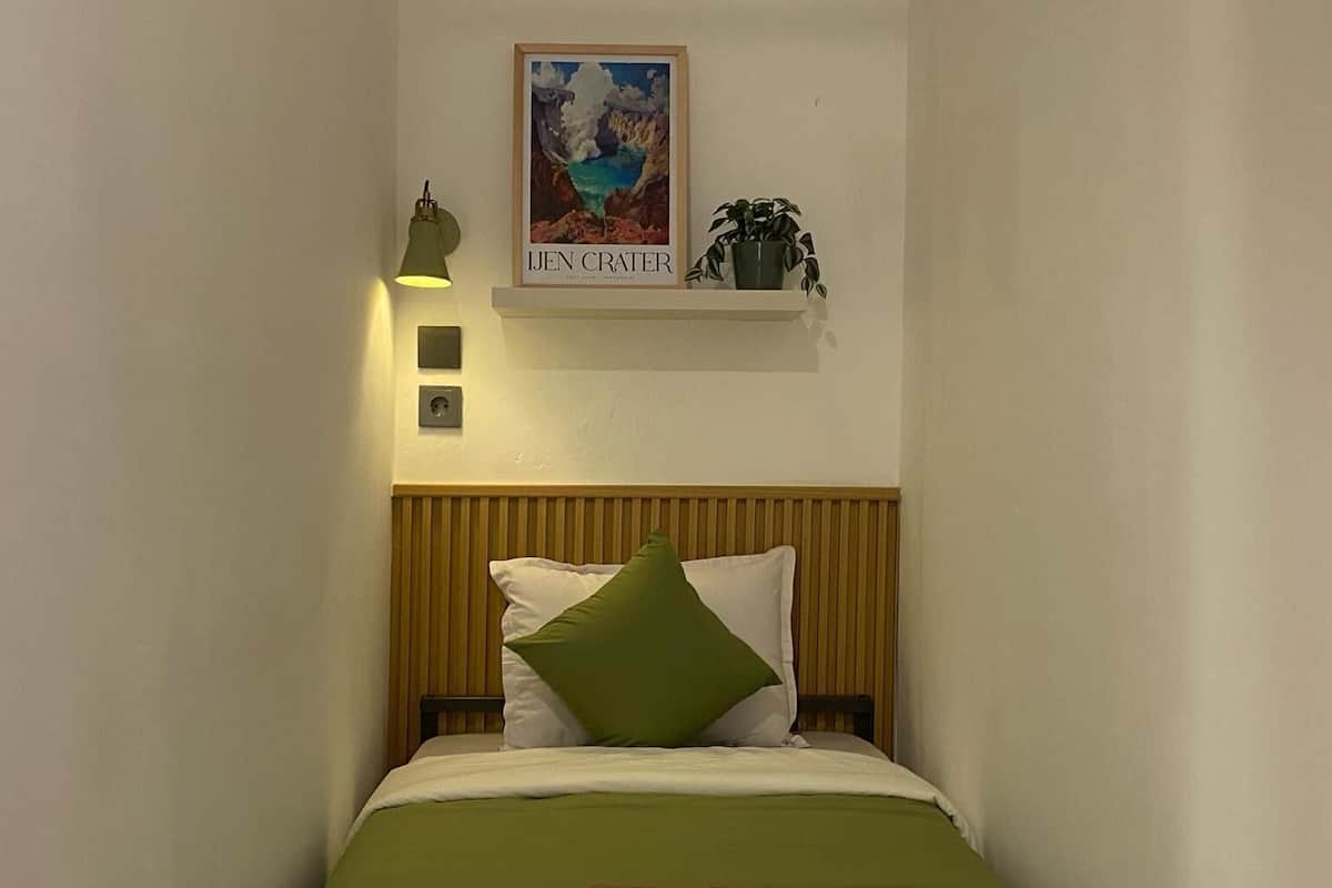A single bed with a wooden headboard, green bedding, and a brown towel. A framed picture hangs above the bed, and a small plant is on a shelf to the right.