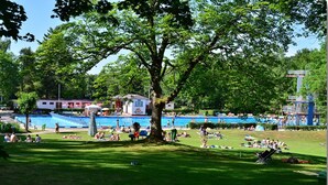 A park with a swimming pool, grassy areas, and a large tree. - Apartment 'Ferienwohnung Beyer Friedrichroda' with Private Terrace, Private Garden and Wi-Fi (Friedrichroda)