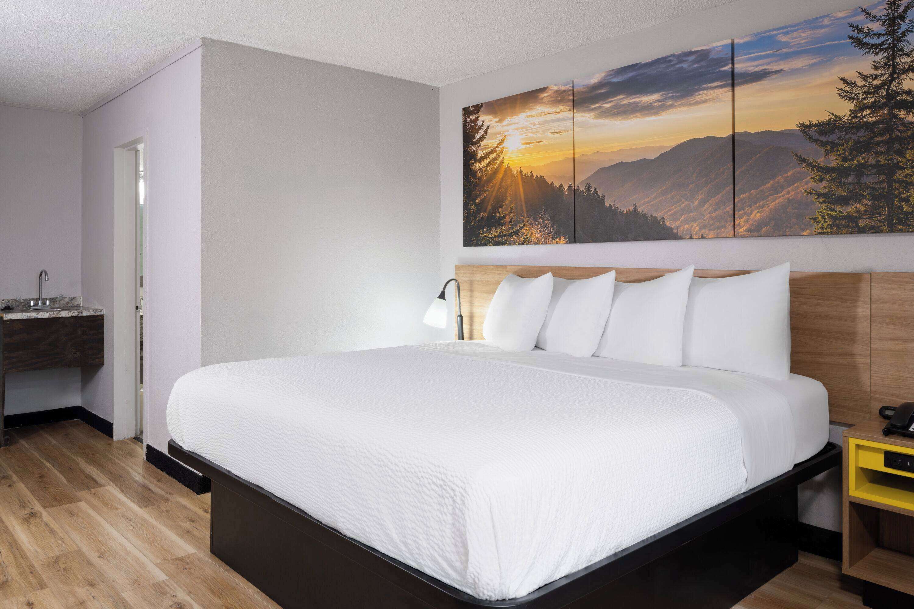 A modern hotel room with a large bed, a wooden headboard, a bedside table, a nightstand, and a wall-mounted painting of a mountain landscape.
