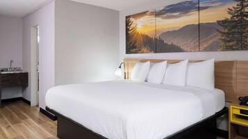 A modern hotel room with a large bed, a wooden headboard, a bedside table, a nightstand, and a wall-mounted painting of a mountain landscape.