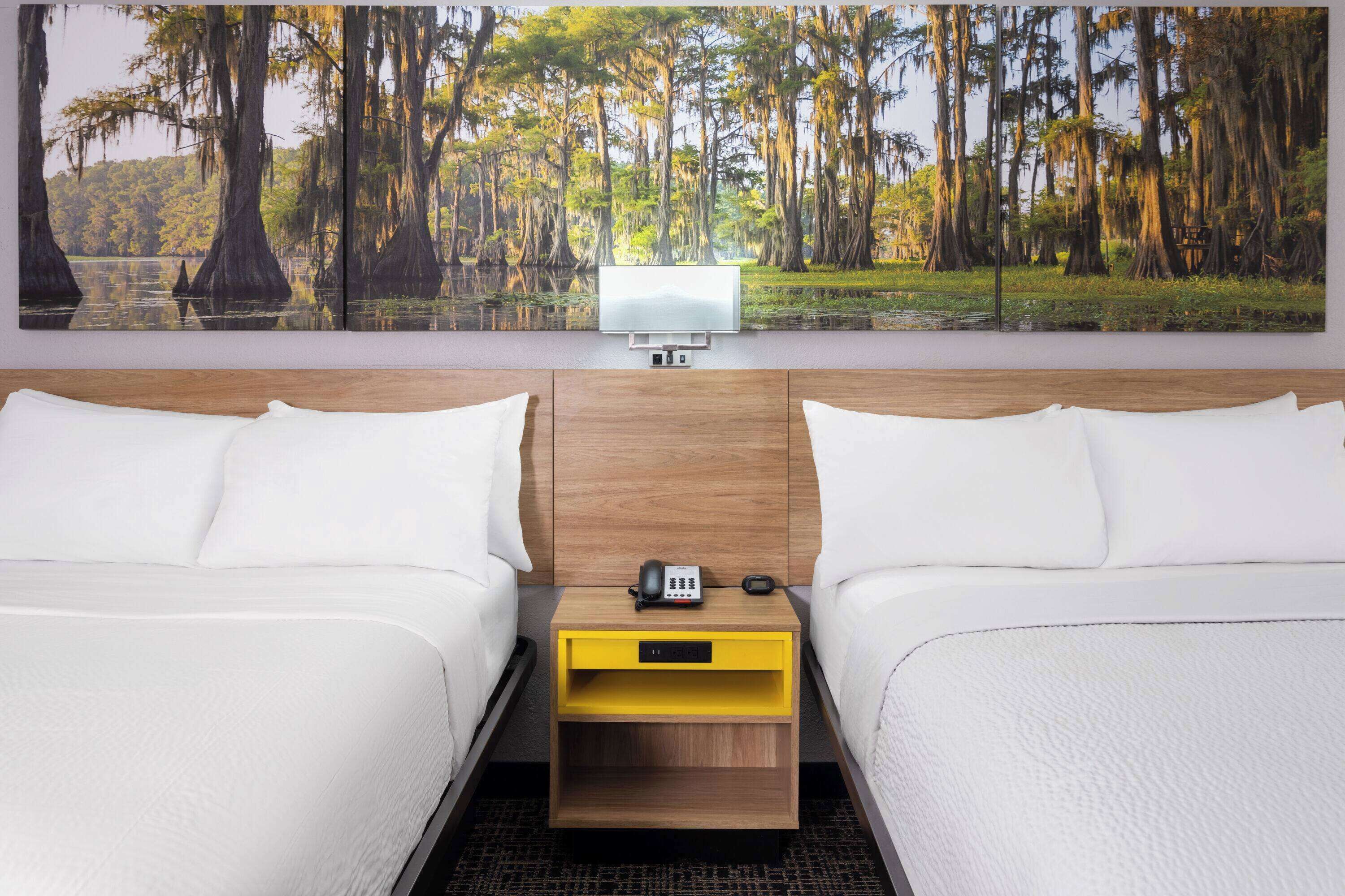 A hotel room with two beds, a wooden nightstand with a phone and a small TV, and a large forest-themed wall mural.