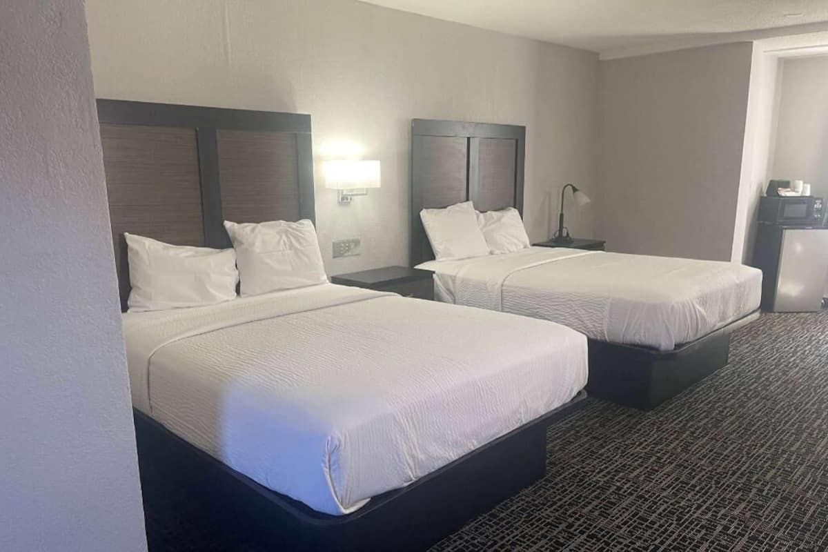 Two single beds with headboards, a bedside lamp, and a microwave on a counter.