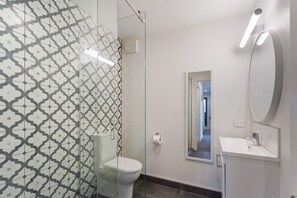 Chuveiro, secador de cabelo, toalhas de banho 