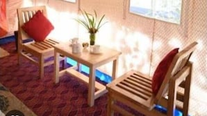 Una habitación con alfombra estampada, una mesa de madera, dos sillas y una pequeña planta en maceta.