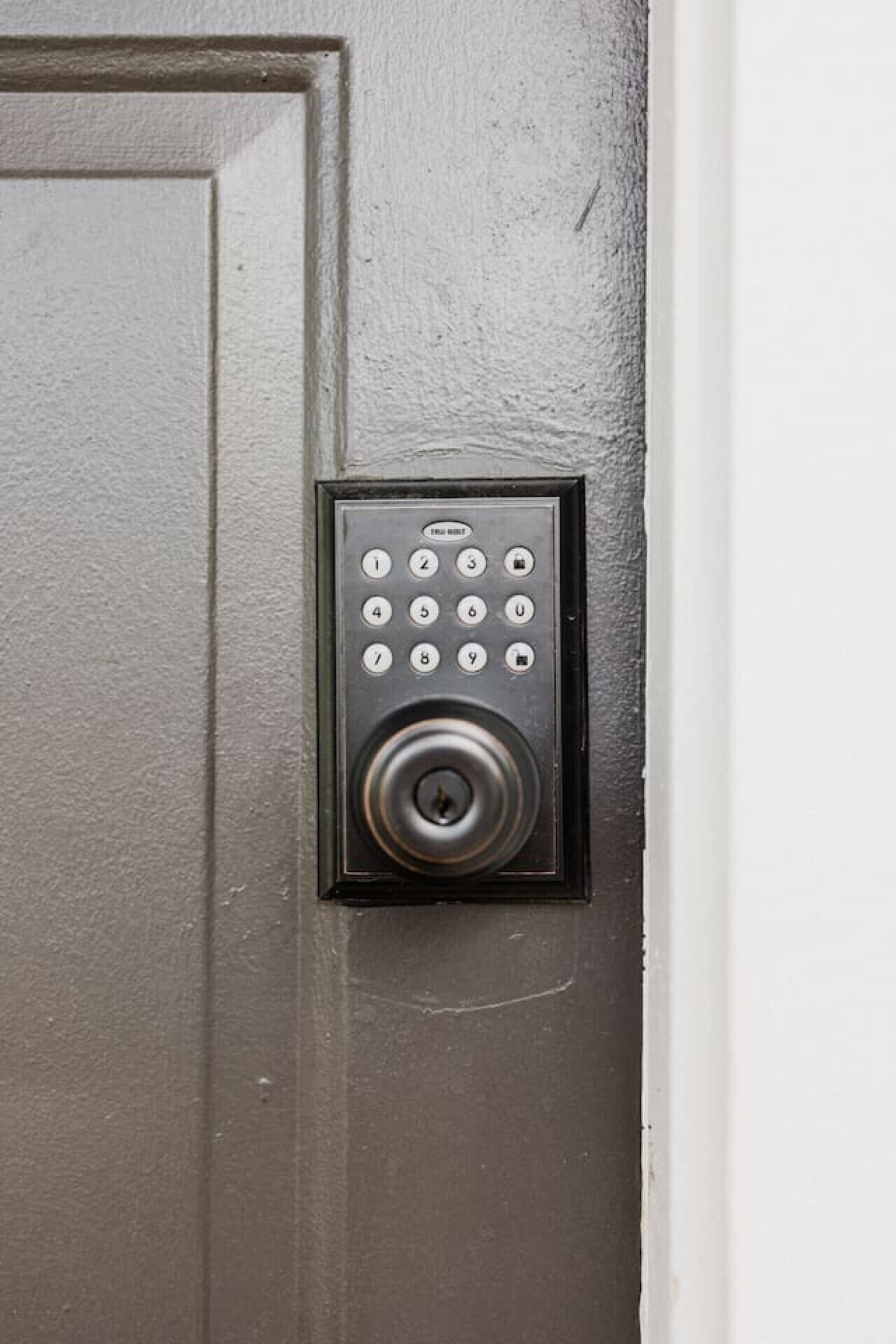 A door with a keypad lock.