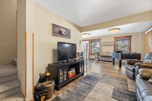 TV, fireplace, Hulu, table football