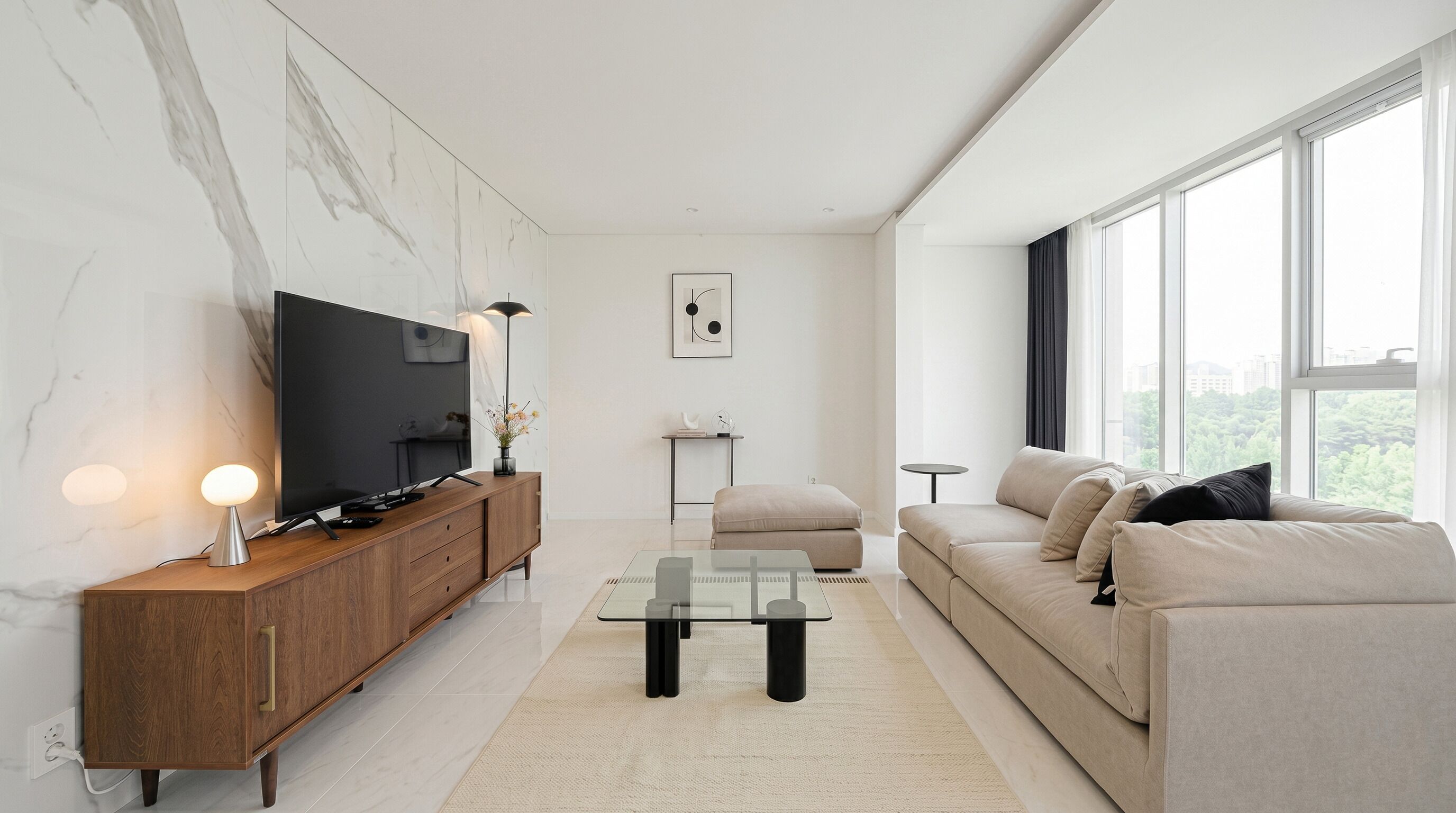 Premier Suite W | Living area | 55-inch Smart TV with cable channels, heated floors