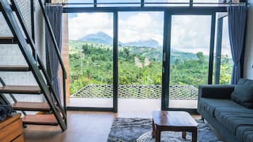 Cabin, 2 Double Beds, Mountain View | Living area | Fireplace