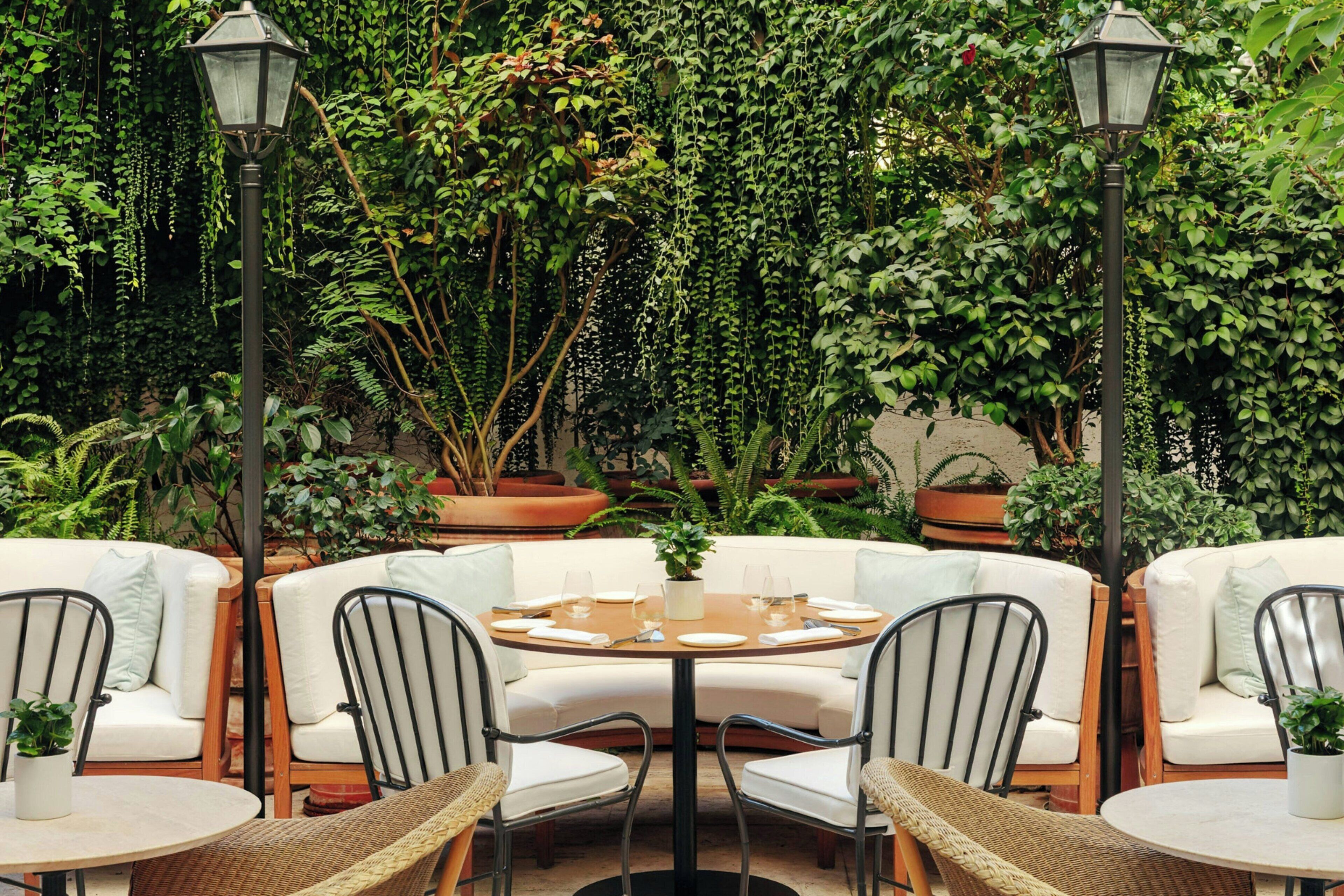 A round table with chairs, surrounded by potted plants and a hanging garden.