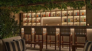 A bar area with wooden chairs and sofas, a wall of illuminated liquor bottles, and greenery overhead. - The Rome EDITION (Rome)