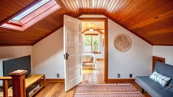 Smart TV, chimenea, libros y biblioteca musical