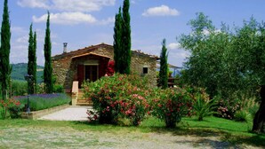 Une maison en pierre avec un toit de tuiles, entourée d’un jardin où poussent de grands cyprès et des arbustes en fleurs.