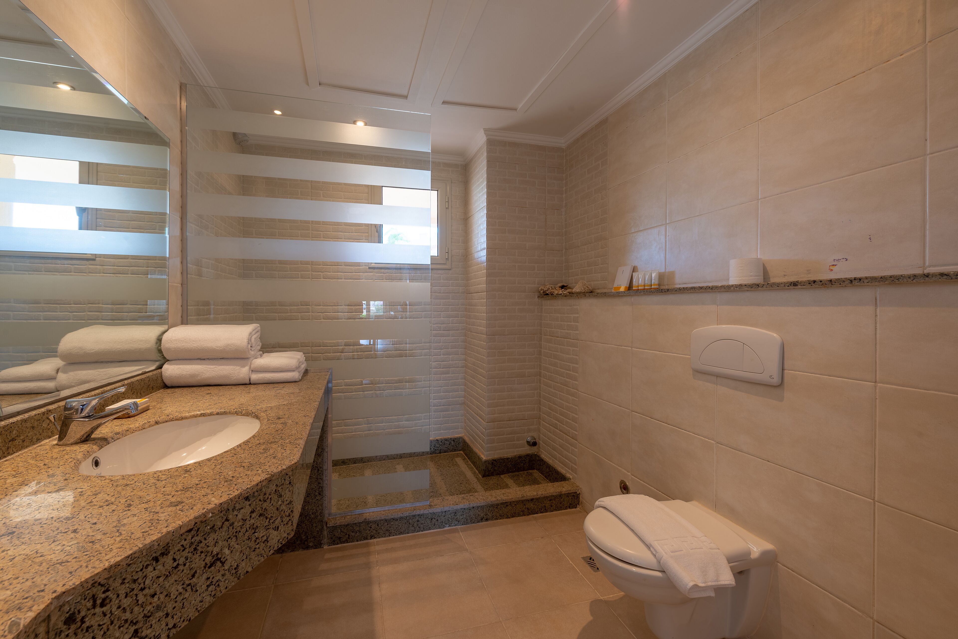 A bathroom with a granite sink, a toilet, and a towel rack.