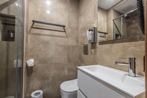 Shower, hair dryer, towels