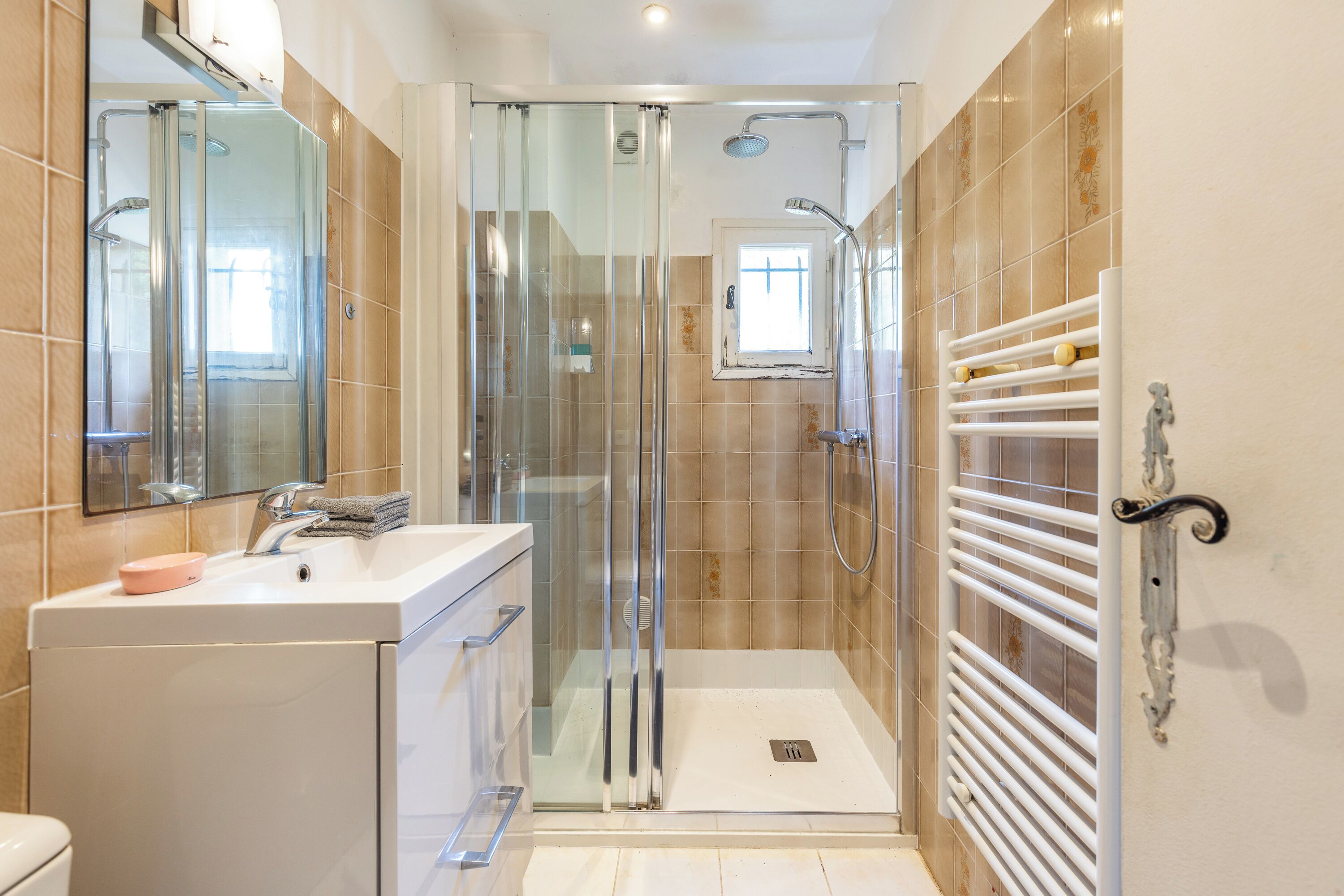 Shower, hair dryer, towels