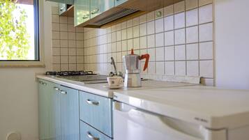 Fridge, stovetop, electric kettle, cookware/dishes/utensils