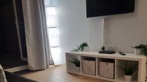 Uma sala de estar moderna com um sofá preto, piso de madeira, uma mesa de console branca com plantas e uma TV na parede.