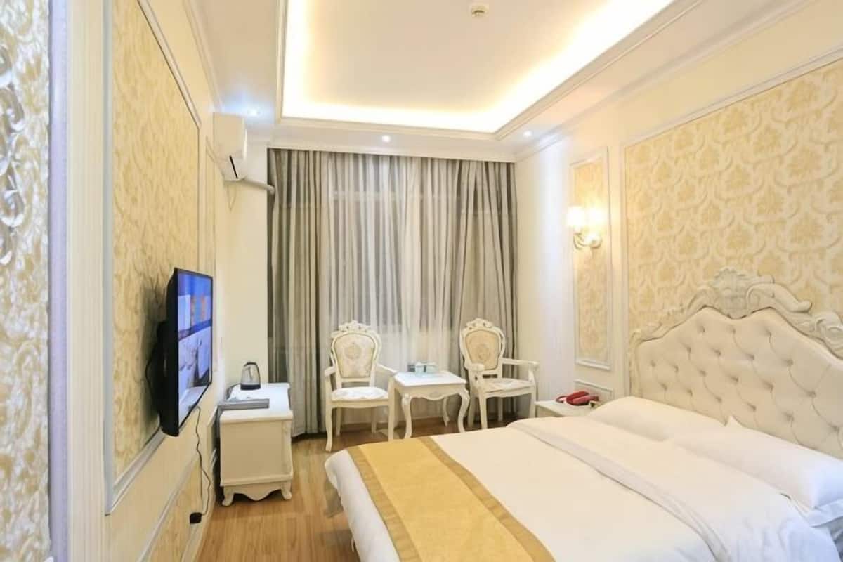 A hotel room with a bed, two chairs, a TV, a desk, and a window with curtains.