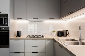 Deluxe-Apartment | Eigene Küche | Kühlschrank, Mikrowelle, Ofen, Herdplatte