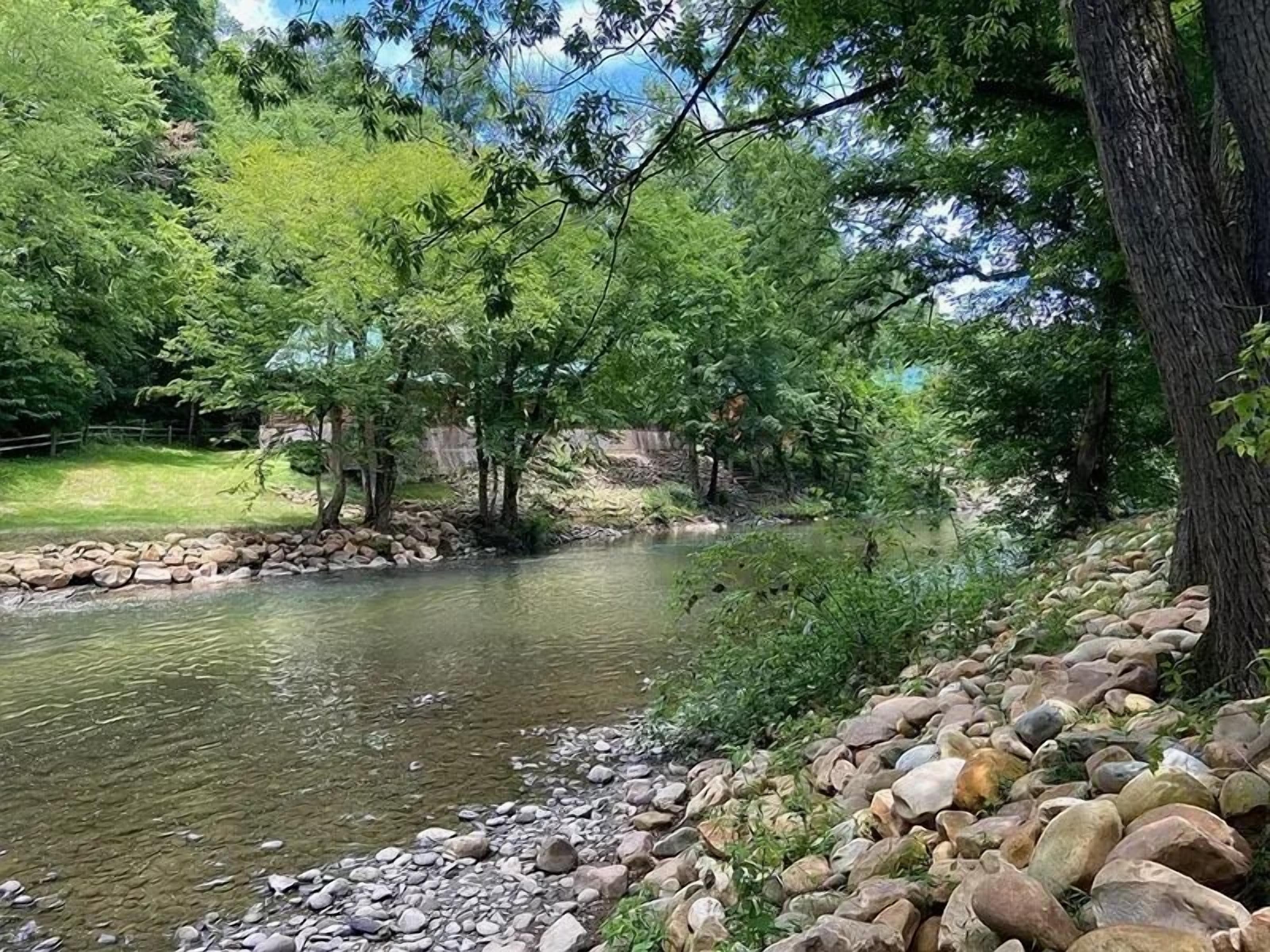 A river flowing through a wooded area with a rocky shoreline and trees.