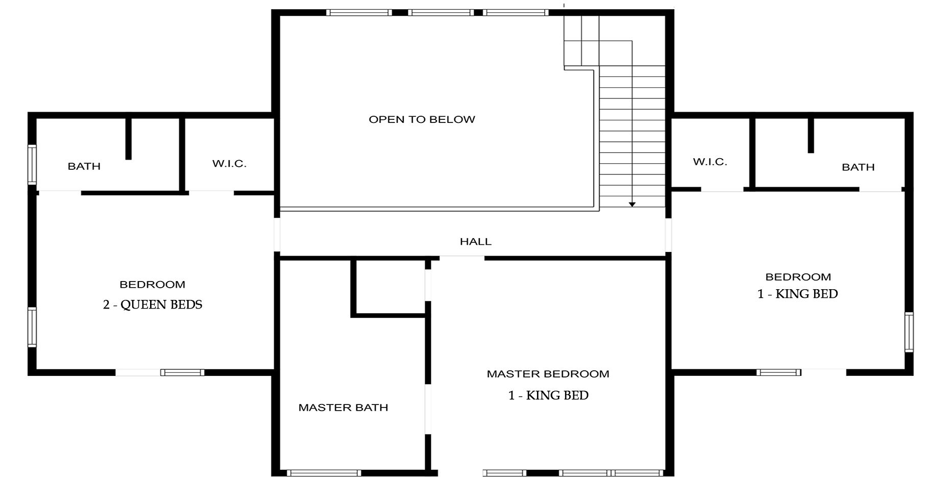 Plano de planta que muestra un dormitorio principal, dos camas queen, un baño principal, dos baños, un pasillo y un espacio abierto que conduce a una escalera.