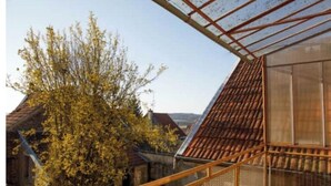 Un edificio moderno con techo inclinado y fachada de vidrio.