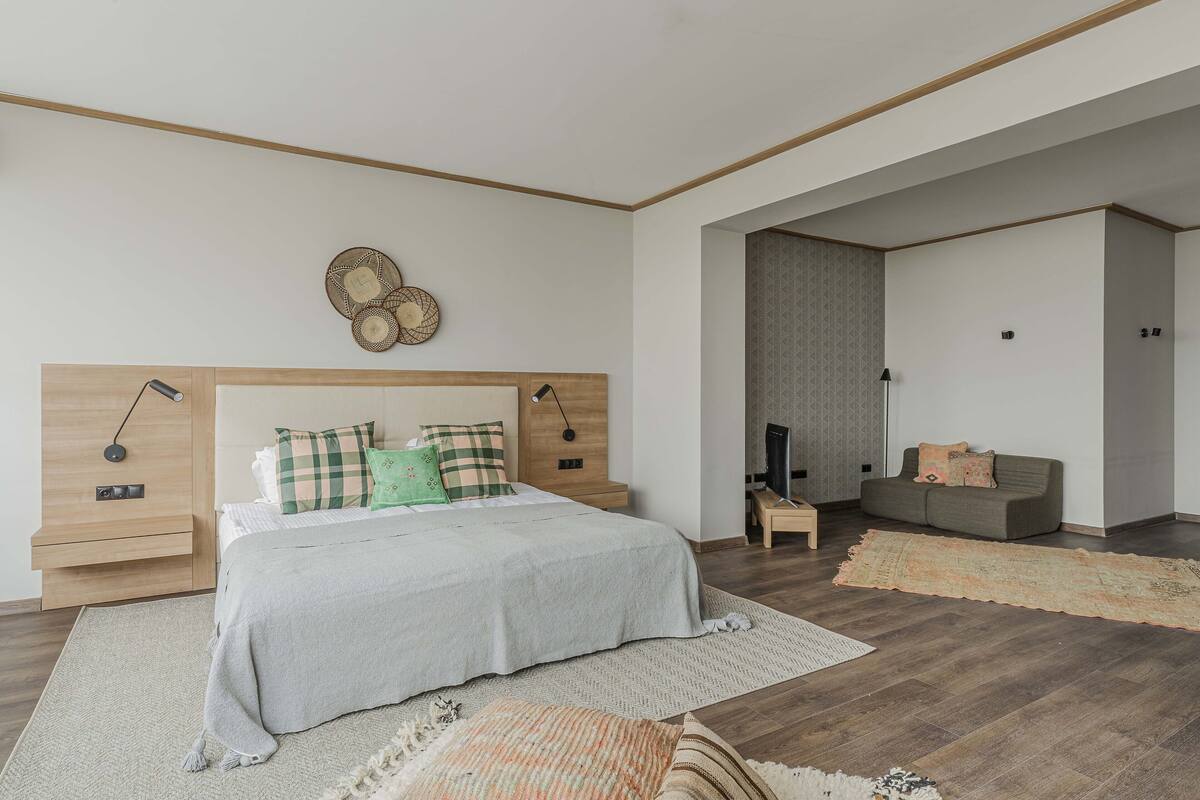 A modern bedroom with a large bed, bedside tables, a sofa, and a television.